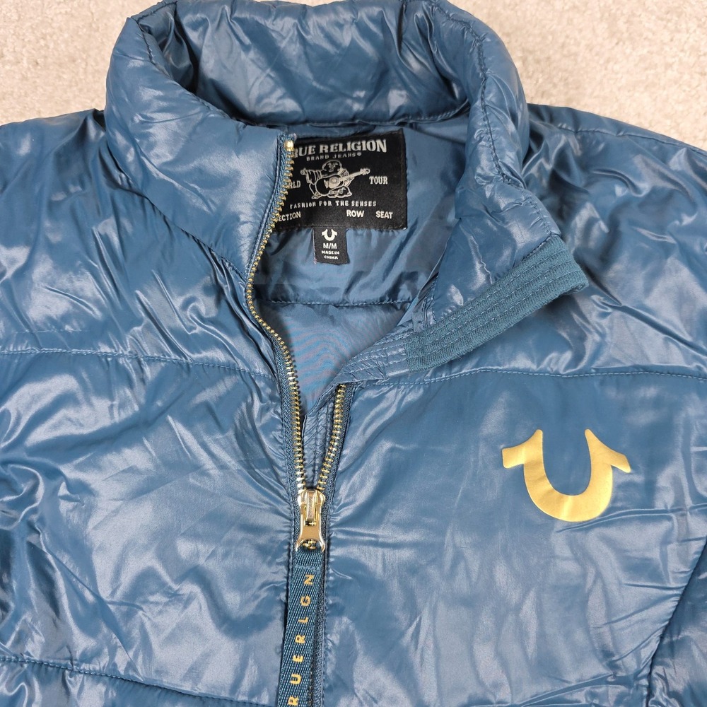 True Religion Puffer Jacket‎ Womens Medium Teal Blue Gold Horseshoe Logo HS Slim